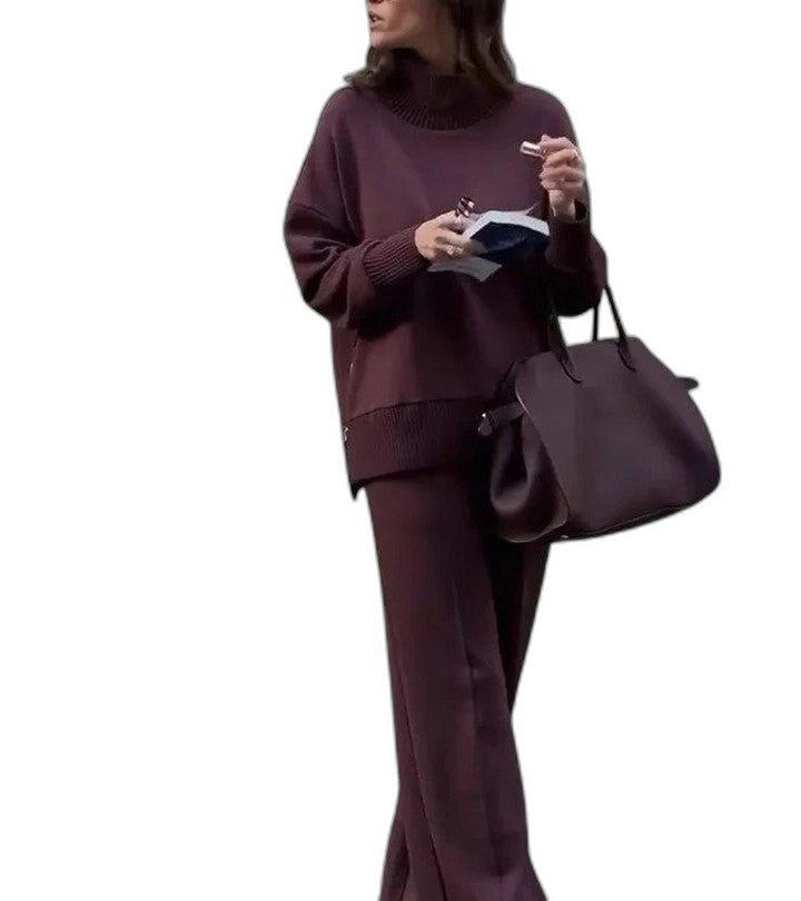 Effortless Burgundy Knit Two Piece Set for Women with Wide Leg Casual Style