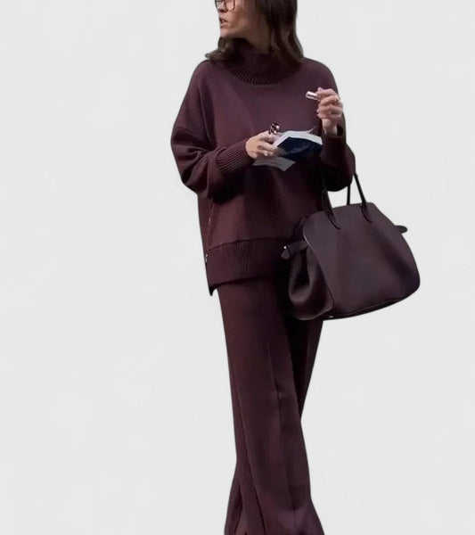 Effortless Burgundy Knit Two Piece Set for Women with Wide Leg Casual Style