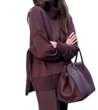 Effortless Burgundy Knit Two Piece Set for Women with Wide Leg Casual Style