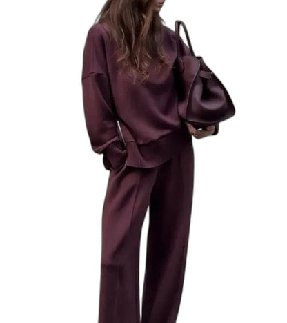 Effortless Burgundy Knit Two Piece Set for Women with Wide Leg Casual Style