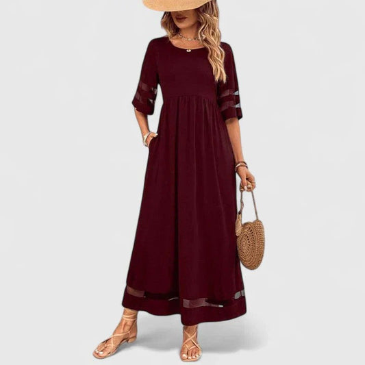 Effortless Burgundy Maxi Dress for Women with Crew Neck Elbow Sleeve Tiered Flowing Casual Style