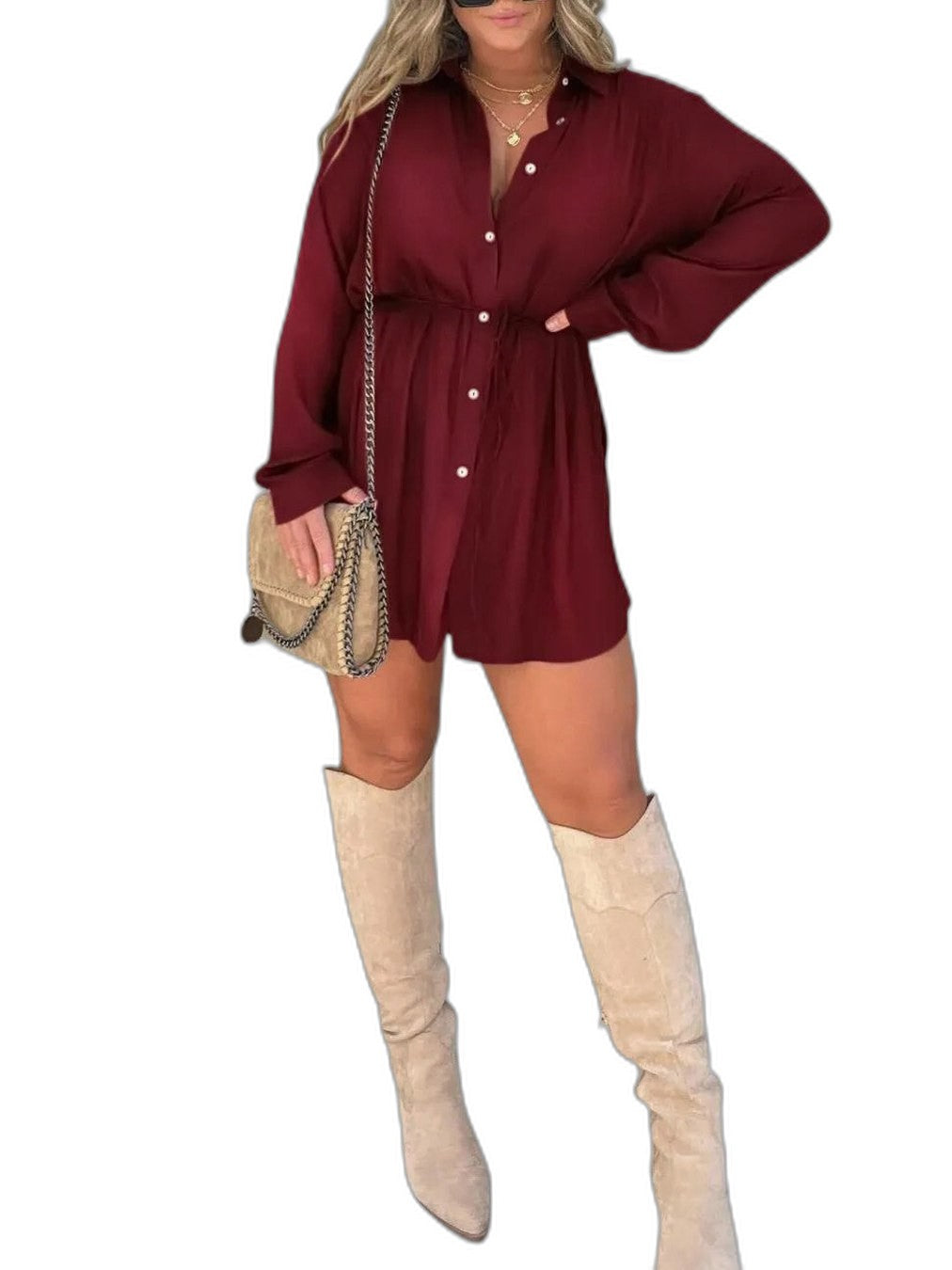 Effortless Burgundy Mini Dress for Women with Collared Long Sleeve Button Front Flowing Casual Style