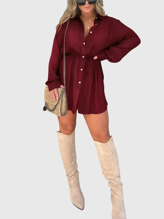 Effortless Burgundy Mini Dress for Women with Collared Long Sleeve Button Front Flowing Casual Style