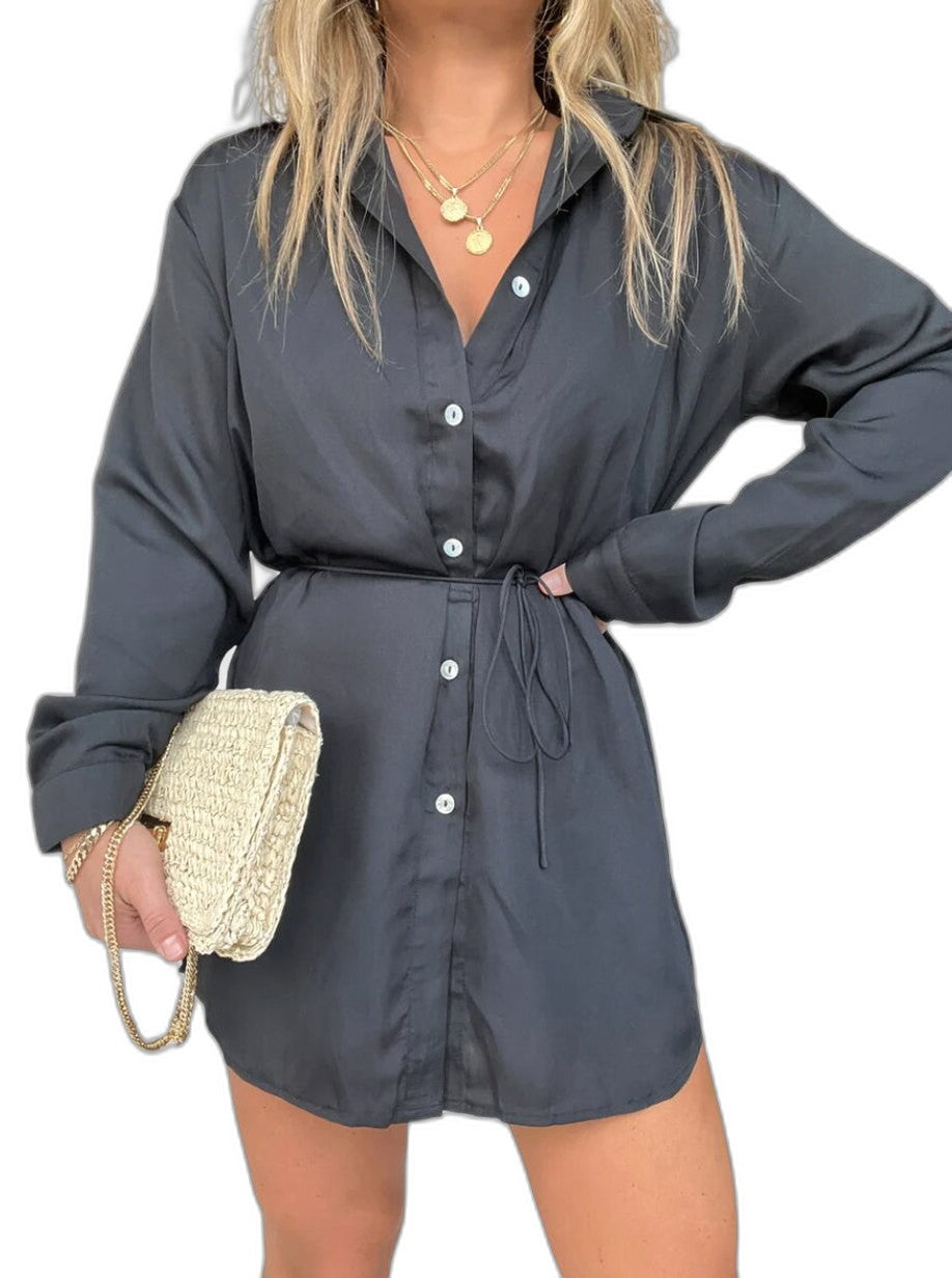Effortless Burgundy Mini Dress for Women with Collared Long Sleeve Button Front Flowing Casual Style