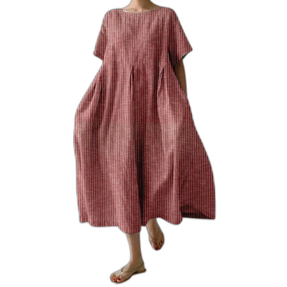 Effortless Burgundy Striped Midi Dress for Women with Crew Neck Short Sleeve Flowing Oversized Casual Style