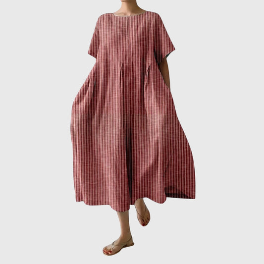 Effortless Burgundy Striped Midi Dress for Women with Crew Neck Short Sleeve Flowing Oversized Casual Style