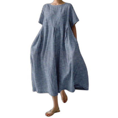Effortless Burgundy Striped Midi Dress for Women with Crew Neck Short Sleeve Flowing Oversized Casual Style