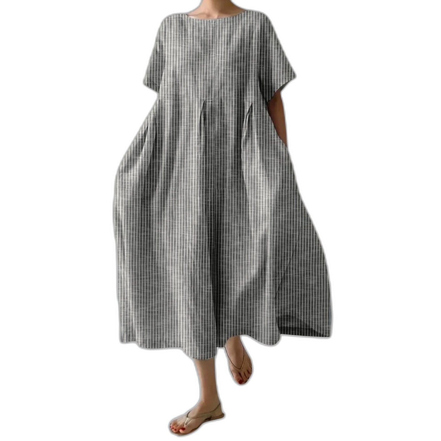 Effortless Burgundy Striped Midi Dress for Women with Crew Neck Short Sleeve Flowing Oversized Casual Style