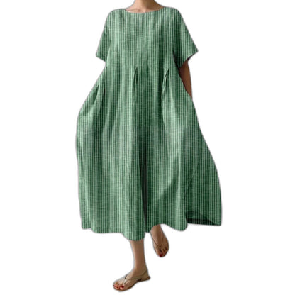Effortless Burgundy Striped Midi Dress for Women with Crew Neck Short Sleeve Flowing Oversized Casual Style