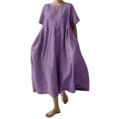 Effortless Burgundy Striped Midi Dress for Women with Crew Neck Short Sleeve Flowing Oversized Casual Style