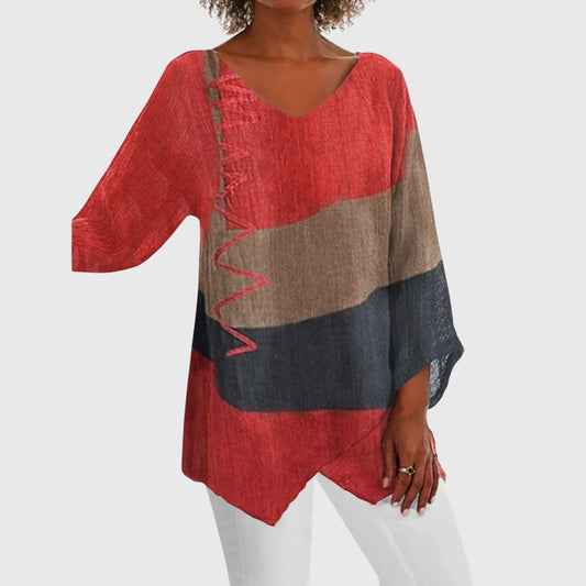 Effortless Color Block Blouse for Women with V Neck Long Sleeve Flowing Casual Style