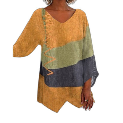 Effortless Color Block Blouse for Women with V Neck Long Sleeve Flowing Casual Style