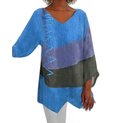 Effortless Color Block Blouse for Women with V Neck Long Sleeve Flowing Casual Style