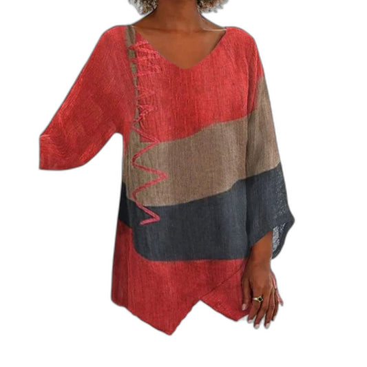 Effortless Color Block Blouse for Women with V Neck Long Sleeve Oversized Casual Style