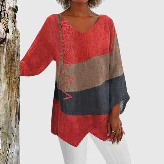 Effortless Color Block Blouse for Women with V Neck Long Sleeve Oversized Casual Style