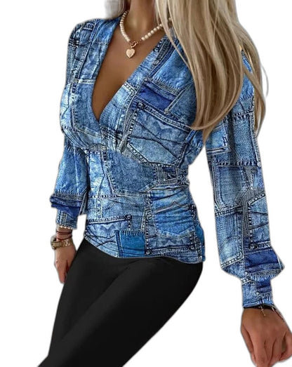 Effortless Color Block Blouse for Women with V Neck Long Sleeve Wrap Casual Style