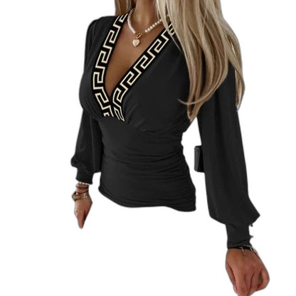 Effortless Color Block Blouse for Women with V Neck Long Sleeve Wrap Casual Style