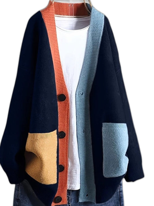 Effortless Color Block Cardigan Sweater for Women with Long Sleeve Button Front Oversized Pockets Casual Style