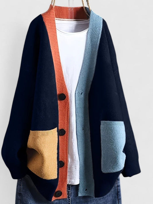 Effortless Color Block Cardigan Sweater for Women with Long Sleeve Button Front Oversized Pockets Casual Style