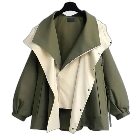 Effortless Color Block Jacket for Women with Collared Long Sleeve Cropped Oversized Casual Style