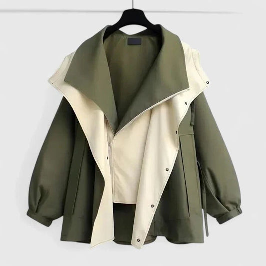 Effortless Color Block Jacket for Women with Collared Long Sleeve Cropped Oversized Casual Style