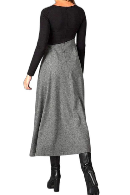 Effortless Color Block Maxi Dress for Women with Crew Neck Long Sleeve A Line Casual Style