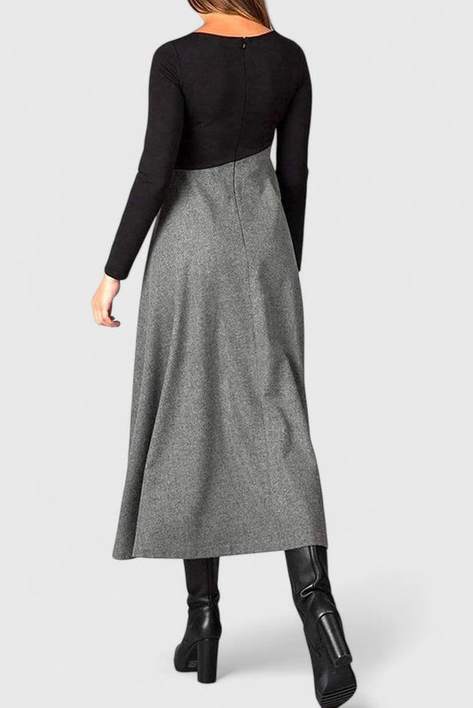 Effortless Color Block Maxi Dress for Women with Crew Neck Long Sleeve A Line Casual Style