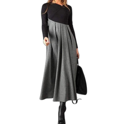 Effortless Color Block Maxi Dress for Women with Crew Neck Long Sleeve A Line Casual Style