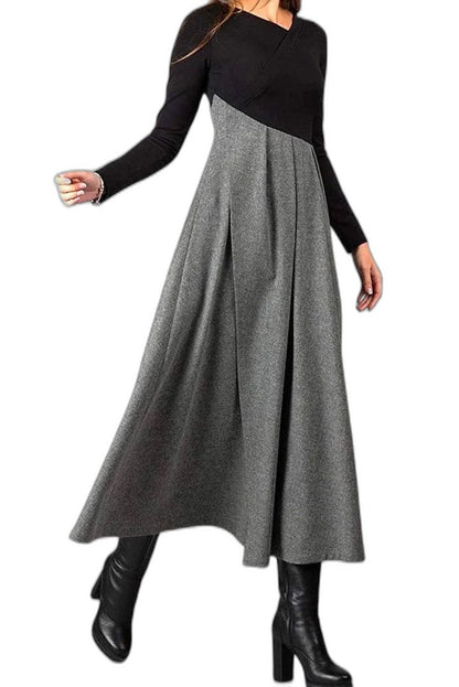 Effortless Color Block Maxi Dress for Women with Crew Neck Long Sleeve A Line Casual Style