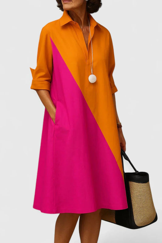 Effortless Color Block Midi Dress for Women with Collared Elbow Sleeve Flowing Pockets Casual Style