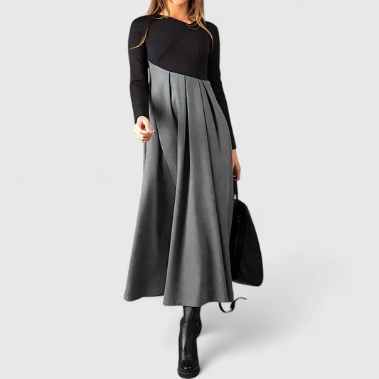 Effortless Color Block Midi Dress for Women with Crew Neck Long Sleeve A Line Pleated Casual Style