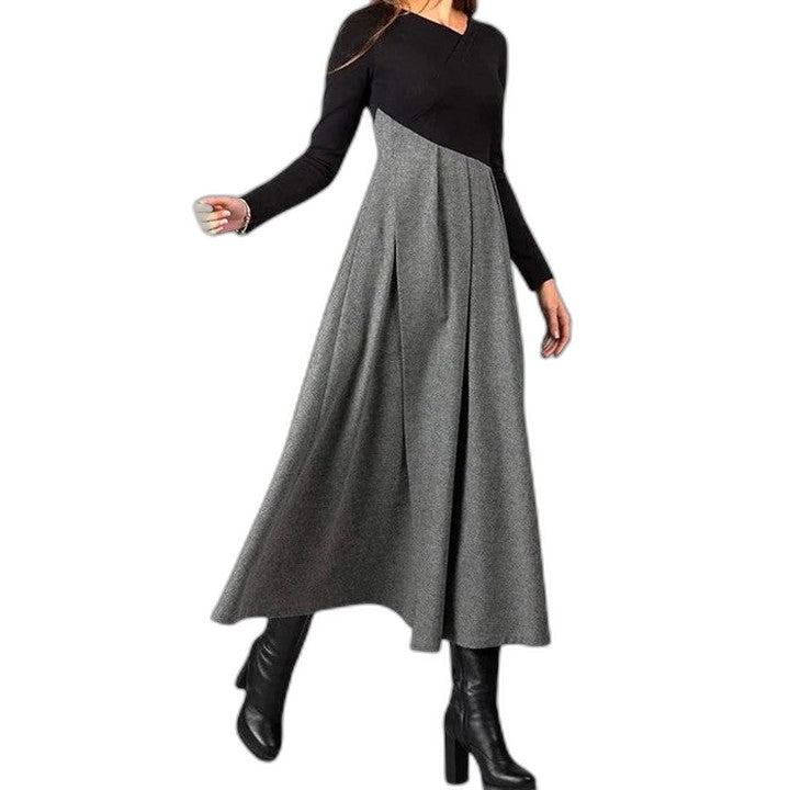 Effortless Color Block Midi Dress for Women with Crew Neck Long Sleeve A Line Pleated Casual Style
