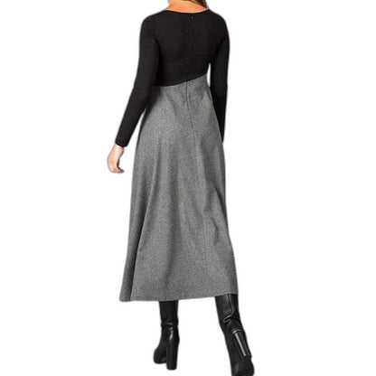 Effortless Color Block Midi Dress for Women with Crew Neck Long Sleeve A Line Pleated Casual Style