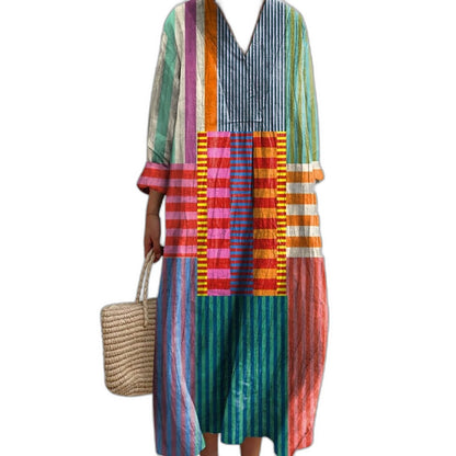Effortless Color Block Midi Dress for Women with V Neck Long Sleeve Flowing Casual Style