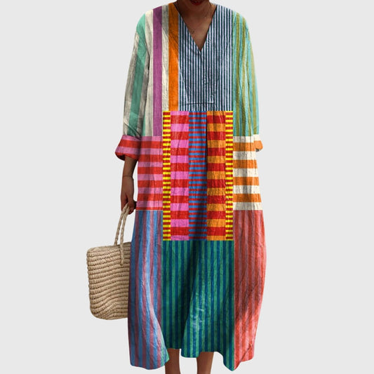 Effortless Color Block Midi Dress for Women with V Neck Long Sleeve Flowing Casual Style