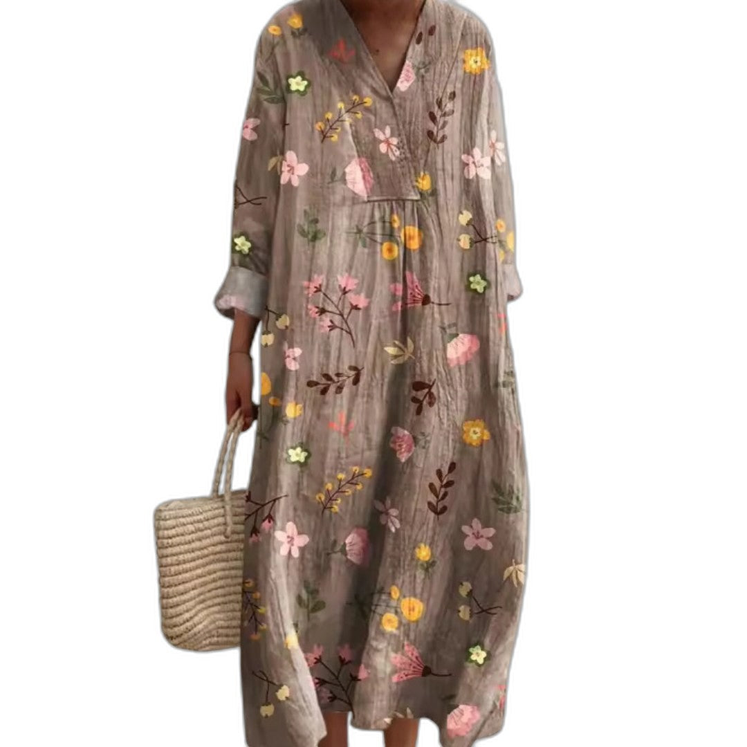 Effortless Color Block Midi Dress for Women with V Neck Long Sleeve Flowing Casual Style