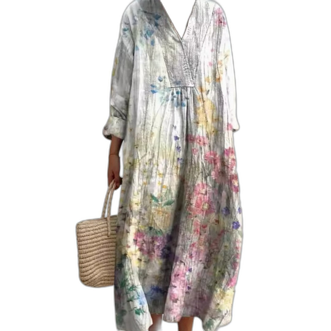Effortless Color Block Midi Dress for Women with V Neck Long Sleeve Flowing Casual Style