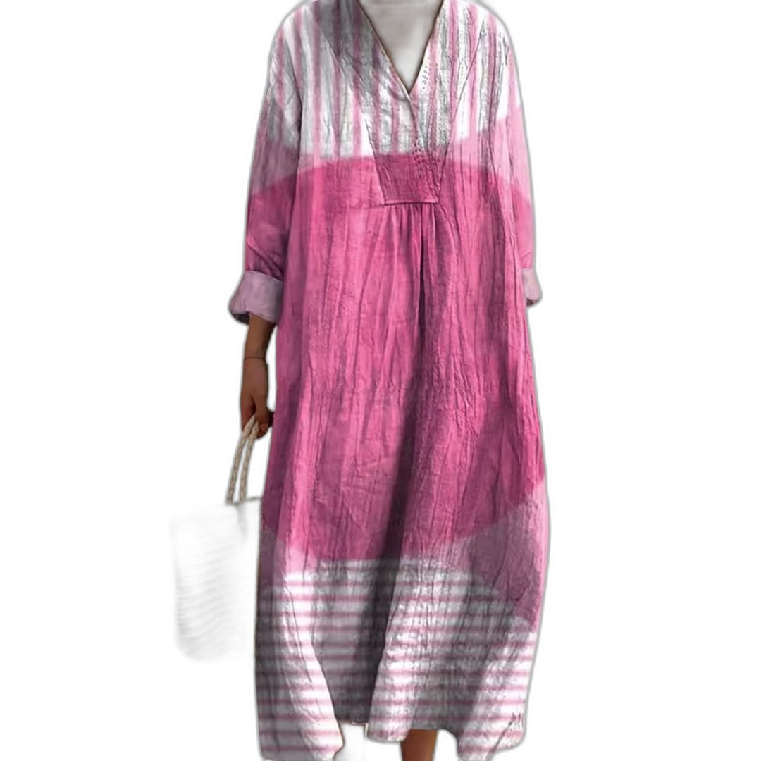 Effortless Color Block Midi Dress for Women with V Neck Long Sleeve Flowing Casual Style
