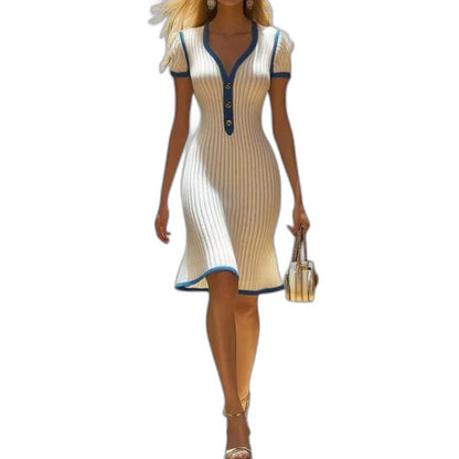 Effortless Color Block Midi Dress for Women with V Neck Short Sleeve Bodycon Casual Style