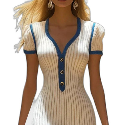 Effortless Color Block Midi Dress for Women with V Neck Short Sleeve Bodycon Casual Style