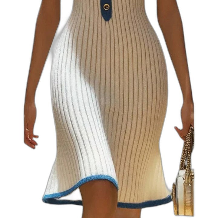 Effortless Color Block Midi Dress for Women with V Neck Short Sleeve Bodycon Casual Style