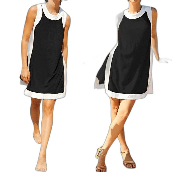 Effortless Color Block Mini Dress for Women with Crew Neck Sleeveless A Line Casual Style