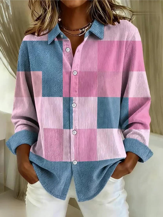 Effortless Color Block Shirt for Women with Collared Long Sleeve Button Front Oversized Casual Style