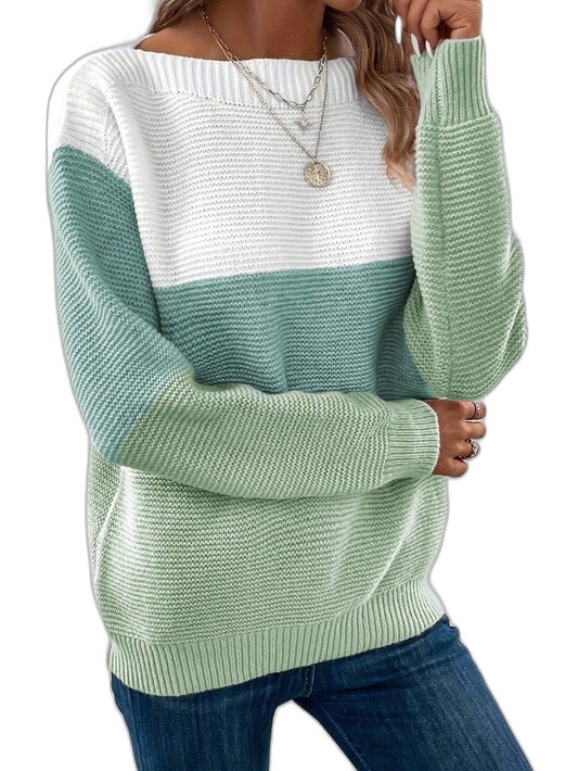 Effortless Color Block Sweater for Women with Boat Neck Long Sleeve Casual Style