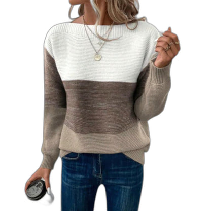 Effortless Color Block Sweater for Women with Boat Neck Long Sleeve Casual Style