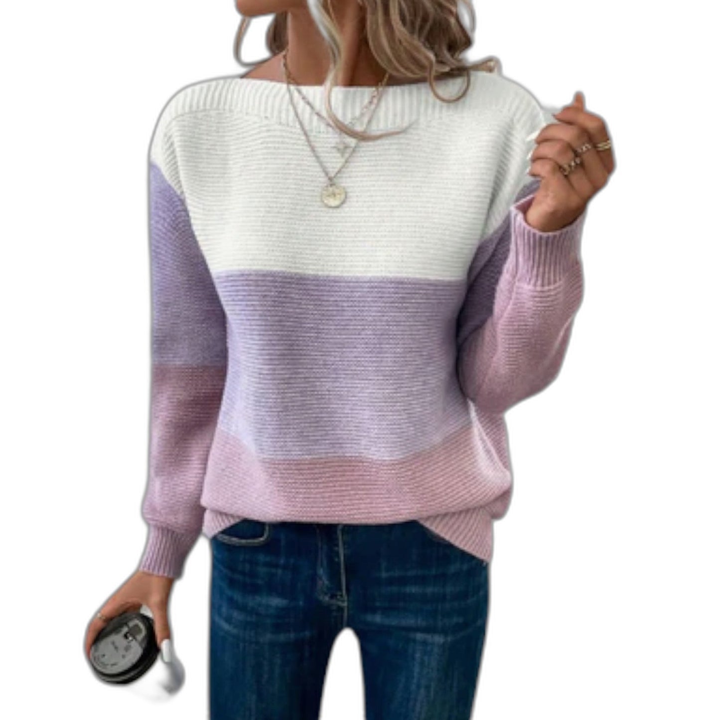 Effortless Color Block Sweater for Women with Boat Neck Long Sleeve Casual Style