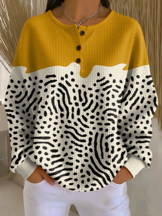 Effortless Color Block Sweater for Women with Crew Neck Long Sleeve Button Front Casual Style