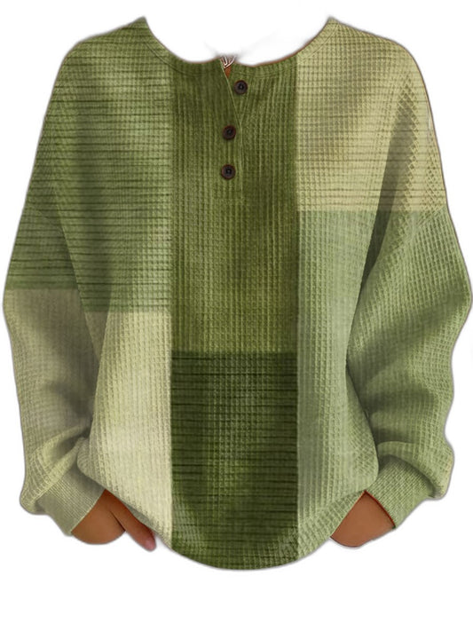 Effortless Color Block Sweater for Women with Crew Neck Long Sleeve Button Front Oversized Casual Style