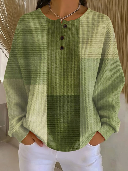 Effortless Color Block Sweater for Women with Crew Neck Long Sleeve Button Front Oversized Casual Style