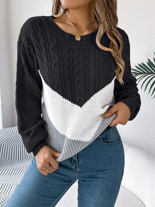 Effortless Color Block Sweater for Women with Crew Neck Long Sleeve Casual Style